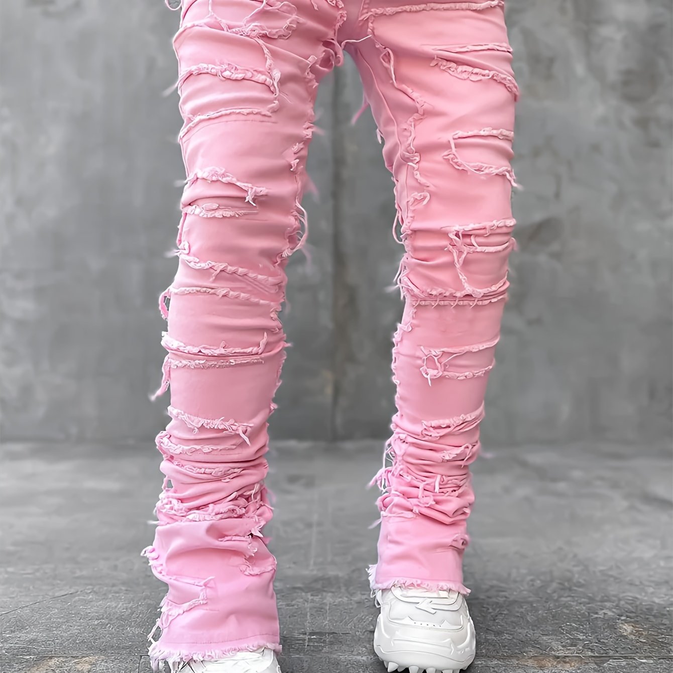 Men's Slim-Fit Stretch Denim Jeans with Raw Trim & Tassel Details - Distressed Street Style Hip-Hop Pink / S Pink / M Pink / L Pink / S-Pink / M-Pink / L-Pink / XL-Pink / XXL-