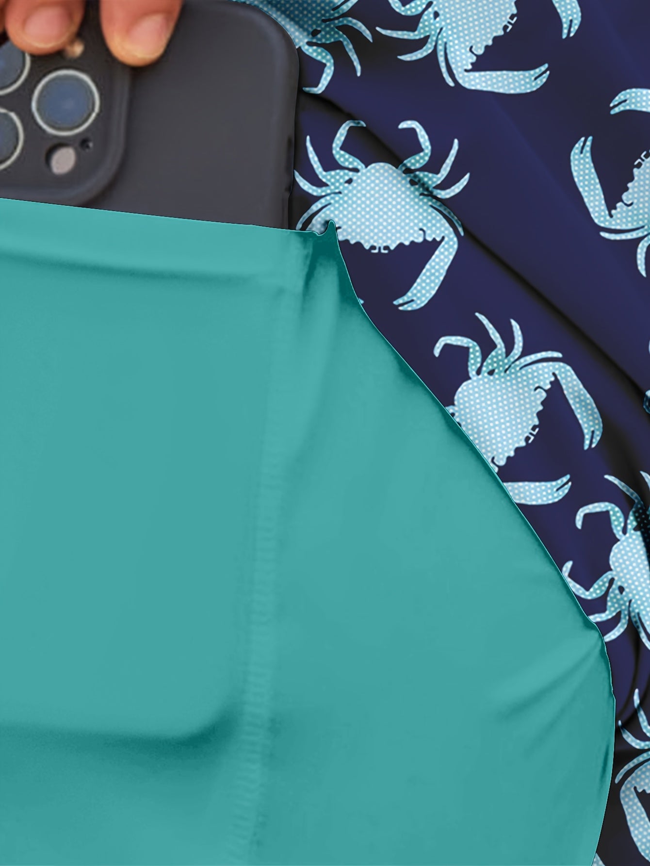 Men's 2-in-1 Digital Print Beach Shorts - Quick-Dry, Casual Navy Blue Crab Pattern with Teal Interior Lining, Drawstring