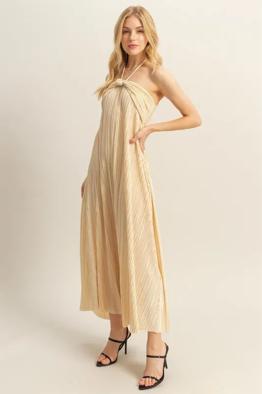 HYFVE Knotted Detail Halter Neck Flowy Maxi Dress Champagne / S Champagne / M Champagne / L Champagne / S-Champagne / M-Champagne / L-