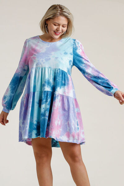 Umgee Full Size Tie Dye Round Neck Long Sleeve Babydoll Tiered Dress Plus Size TEAL/PINK / S TEAL/PINK / M TEAL/PINK / L TEAL/PINK / S-TEAL/PINK / M-TEAL/PINK / L-TEAL/PINK / XL-TEAL/PINK / 1XL-TEAL/PINK / 2XL-