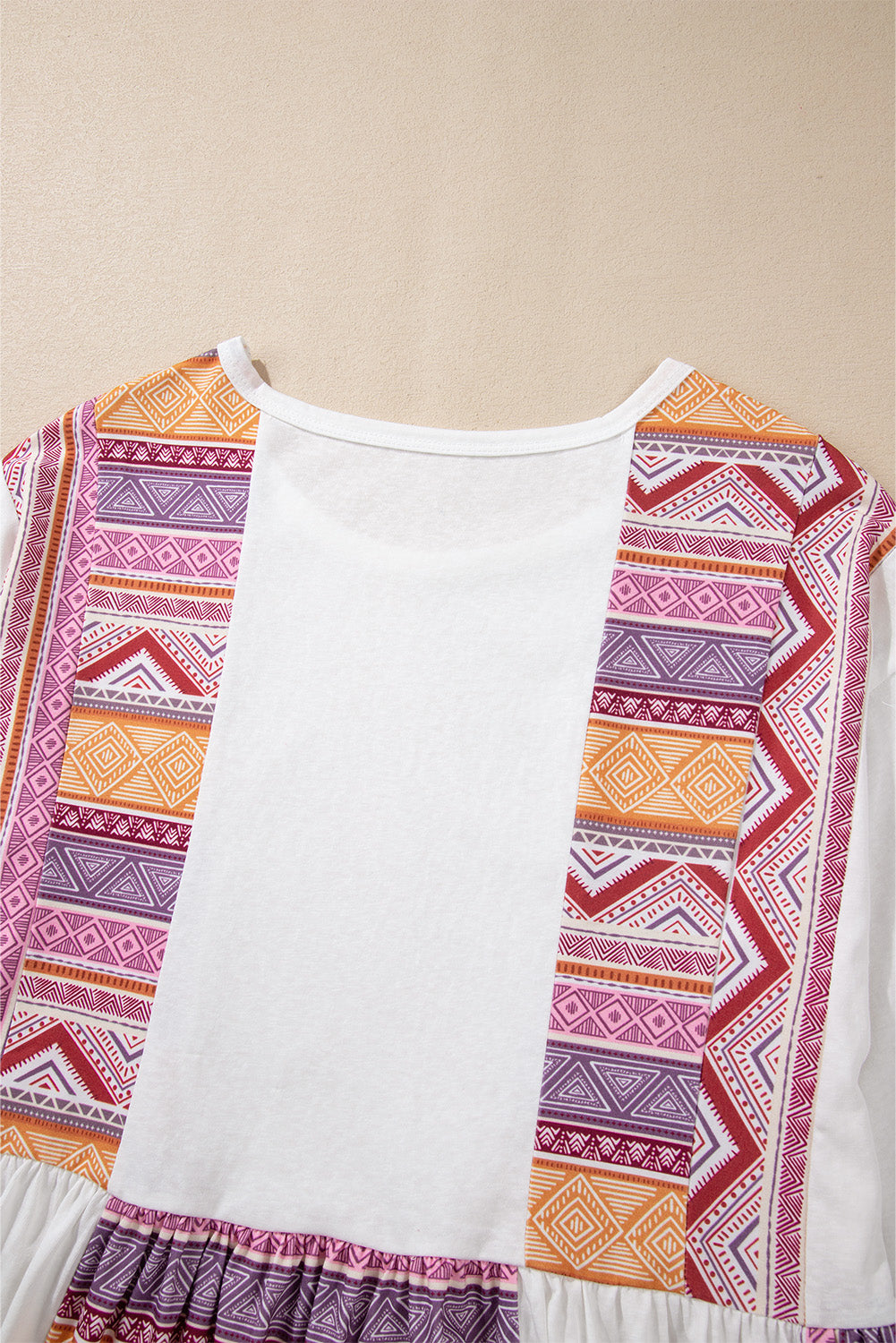White Western Aztec Print Patchwork Ruffled Tunic Long Sleeve Babydoll Top White / S / 65%Cotton+35%Polyester White / M / 65%Cotton+35%Polyester