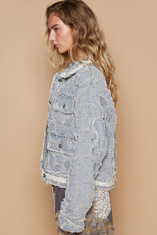 POL Star Textured Raw Hem Long Sleeve Denim Jacket Light / S Light / M
