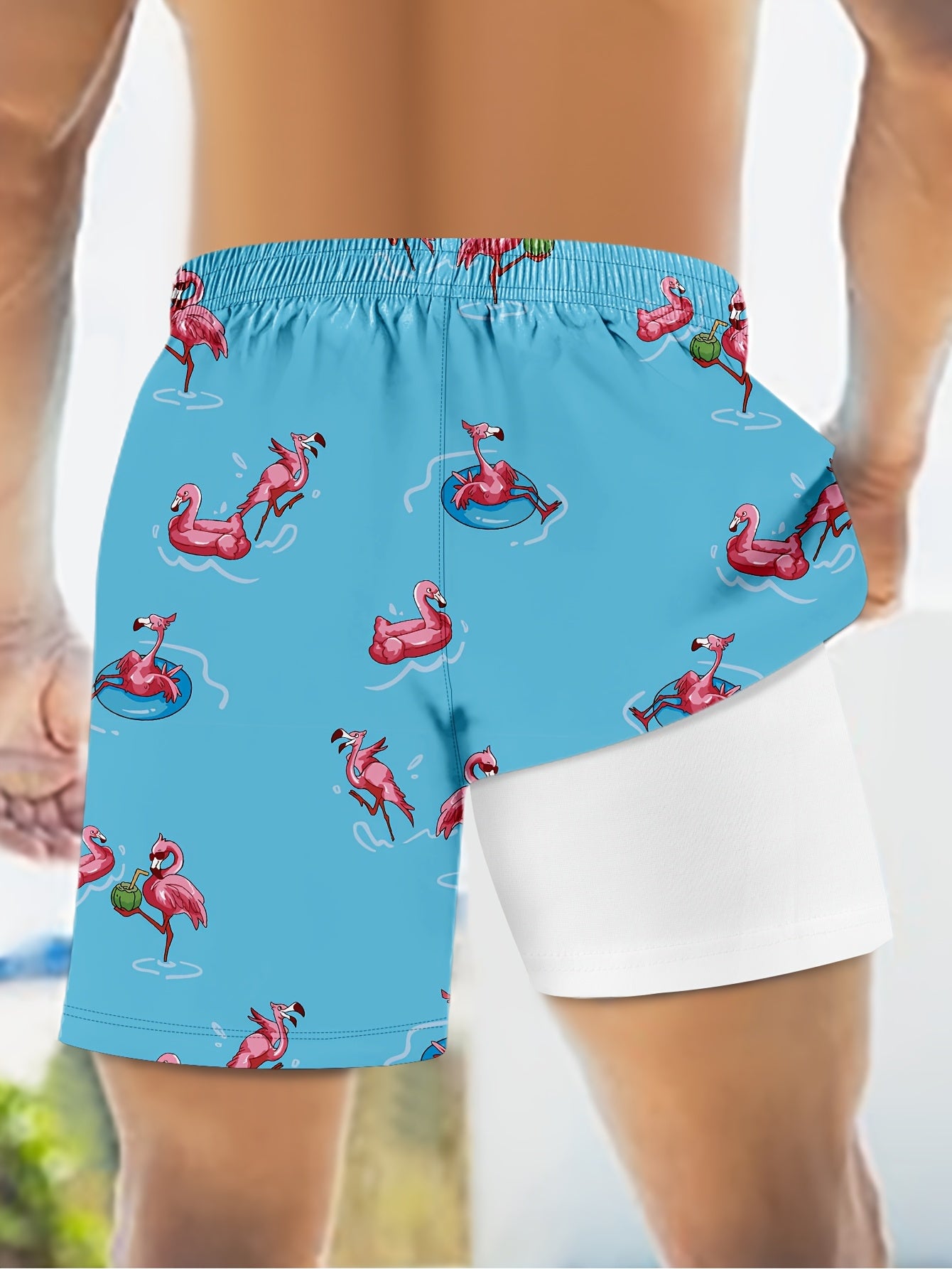 Men'S Summer Double-Layer Anti-Glare Beach Shorts, Casual Non-Stretch Fabric, Regular Fit with Flamingo Print