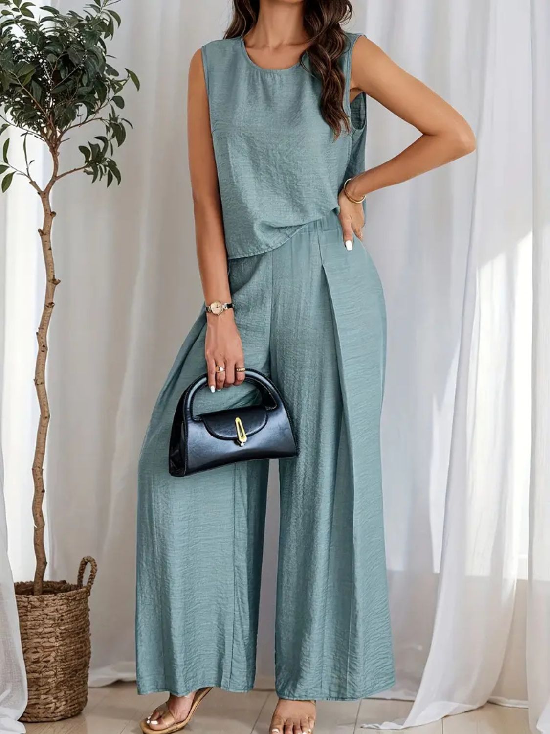 Round Neck Sleeveless Top and Wide Leg Pants Set Tan / 2XL Dusty Blue / S Dusty Blue / M Tan / 2XL-Dusty Blue / S-Dusty Blue / M-Dusty Blue / L-Dusty Blue / XL-Dusty Blue / 2XL-Black / S-Black / M-Black / L-Air Force Blue / S-Black / XL-Black / 2XL-Moonlit Mauve / S-Air Force Blue / M-Moonlit Mauve / M-Moonlit Mauve / L-Moonlit Mauve / XL-Moonlit Mauve / 2XL-Air Force Blue / L-Air Force Blue / XL-Air Force Blue / 2XL-Tan / S-Tan / M-Tan / L-Tan / XL-