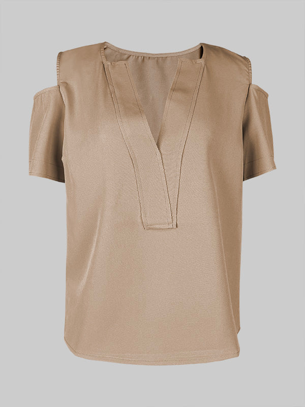 Chic Cold Shoulder Blouse: Stylish Loose-Fit Short Sleeve Top in Solid Colors RED / S RED / M RED / L RED / S-RED / M-RED / L-RED / XL-RED / 2XL-KHAKI / S-KHAKI / M-KHAKI / L-KHAKI / XL-KHAKI / 2XL-YELLOW / S-YELLOW / XL-YELLOW / 2XL-