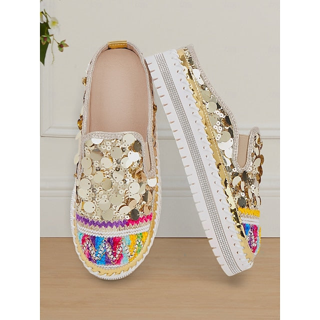 Chic National Totem Sequin Platform Mules: Stylish & Comfortable Faux Leather Sneakers
