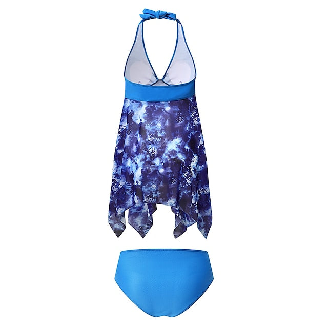 Floral Plus Size Tankini Swimsuit - Stylish Push-Up Open Back 2-Piece Blue / S Blue / M Blue / L Blue / S-Blue / M-Blue / L-Blue / XL-Blue / XXL-
