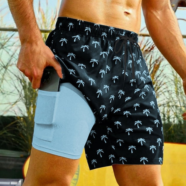 Men's Tropical Coconut Tree Board Shorts - Swim Trunks with Side Pockets