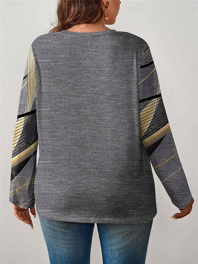 Chic Geometry Print Long Sleeve Tee - Plus Size Casual Top for Fall & Winter Gray / 1XL (Plus) Gray / 2XL (Plus) Gray / 3XL (Plus) Gray / 1XL (Plus)-Gray / 2XL (Plus)-Gray / 3XL (Plus)-Gray / 4XL (Plus)-