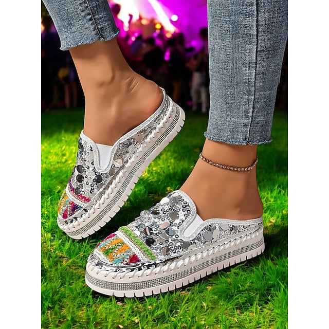 Chic National Totem Sequin Platform Mules: Stylish & Comfortable Faux Leather Sneakers