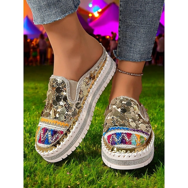Chic National Totem Sequin Platform Mules: Stylish & Comfortable Faux Leather Sneakers
