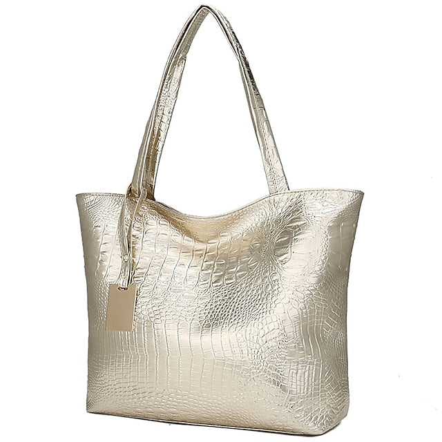 Chic Crocodile Embossed Tote Bag - Versatile PU Fashion in Gold, Black, and Silver Gold Silver Black Gold-Silver-Black-