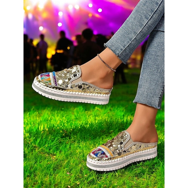 Chic National Totem Sequin Platform Mules: Stylish & Comfortable Faux Leather Sneakers