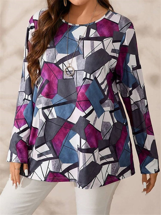 Chic Plus Size Color Block Long Sleeve Tee for Effortless Fall and Winter Style Blue / 1XL (Plus) Blue / 2XL (Plus) Blue / 3XL (Plus) Blue / 1XL (Plus)-Blue / 2XL (Plus)-Blue / 3XL (Plus)-Blue / 4XL (Plus)-