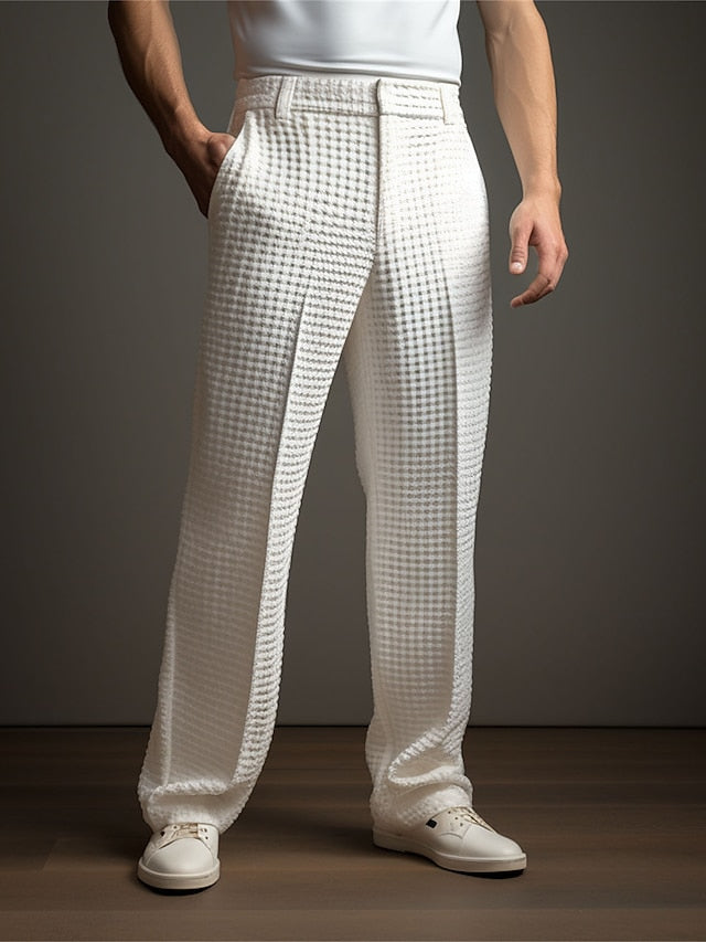 Chic White Men's Dress Pants - Straight Leg Waffle Trousers