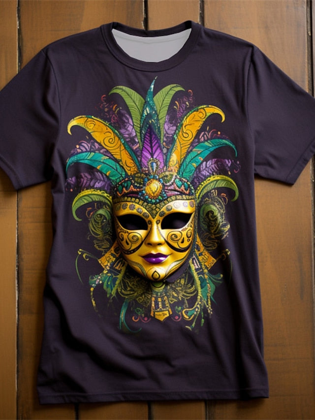 Vibrant Retro Graphic Mask T-Shirt – Perfect for Mardi Gras & Everyday Adventures Purple / S Purple / M