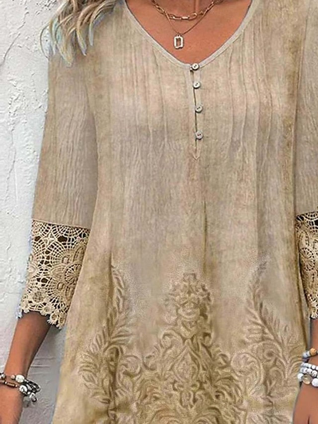 Boho Chic V-Neck Lace Detail Dress - Relaxed Fit Beige Linen Blend for Spring & Autumn Khaki / S Khaki / M Khaki / L Khaki / S-Khaki / M-Khaki / L-Khaki / XL-Khaki / 2XL-