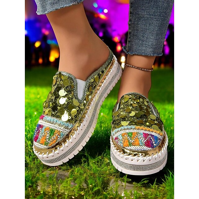Chic National Totem Sequin Platform Mules: Stylish & Comfortable Faux Leather Sneakers