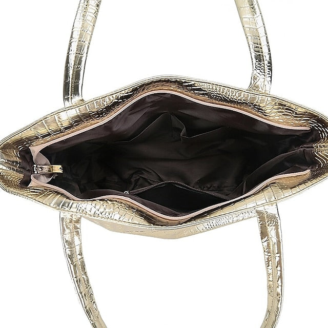Chic Crocodile Embossed Tote Bag - Versatile PU Fashion in Gold, Black, and Silver Gold Silver Black Gold-Silver-Black-