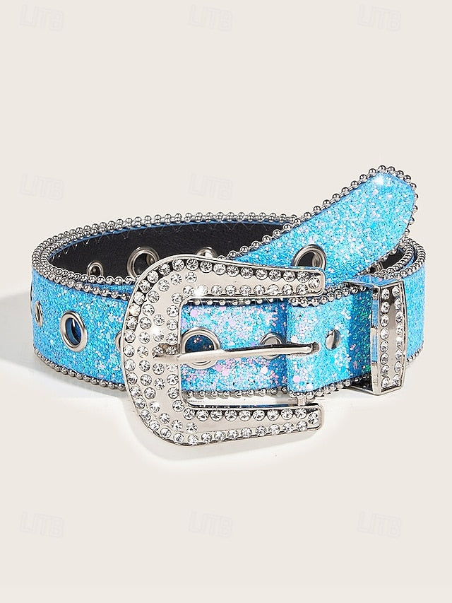 Women's Rhinestone Embellished Western Belt with Sparkling Buckle, Adjustable Silver Black Gold (+$0.34) Silver-Black-Gold (+$0.34)-Pink (+$0.34)-Blue (+$0.34)-