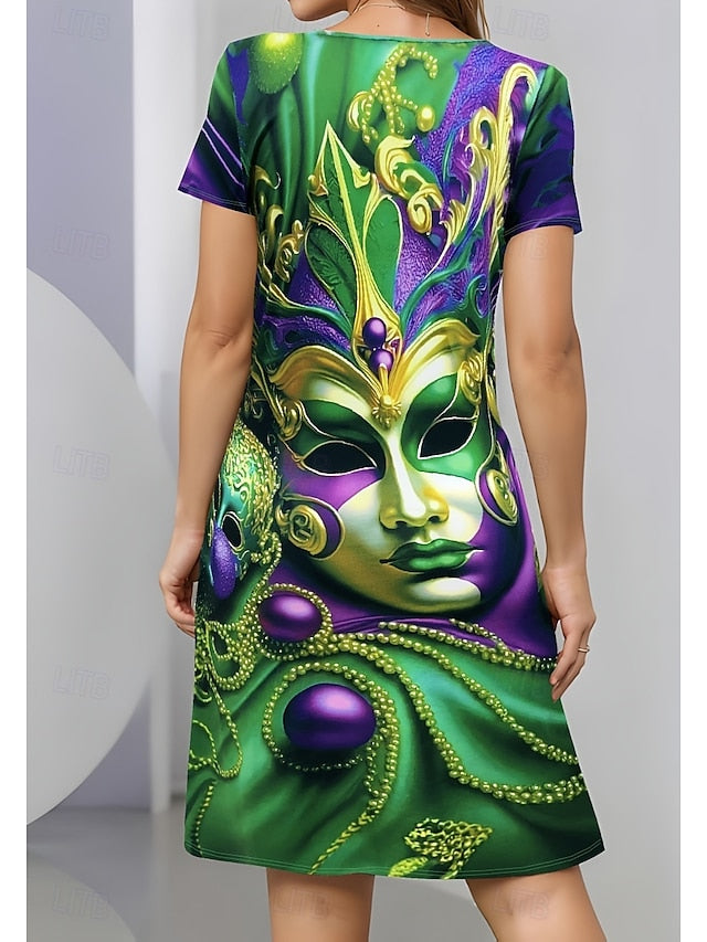 Women's Casual Dress T Shirt Dress Stylish Casual Mardi Gras Graphic Mini Dress Green / S Green / M