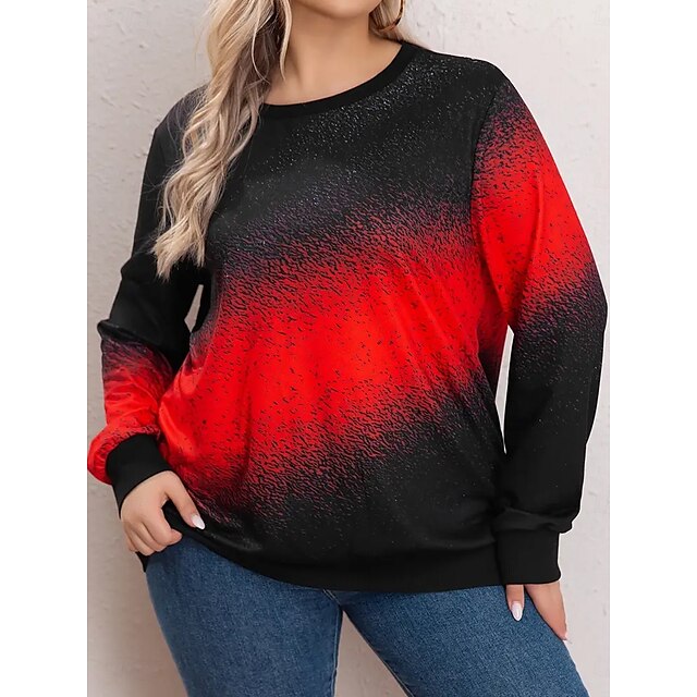 Chic Ombre Pullover Sweatshirt for Plus Size Women - Stylish Long Sleeve Red / 1XL (Plus) Red / 2XL (Plus) Red / 3XL (Plus) Red / 1XL (Plus)-Red / 2XL (Plus)-Red / 3XL (Plus)-Red / 4XL (Plus)-
