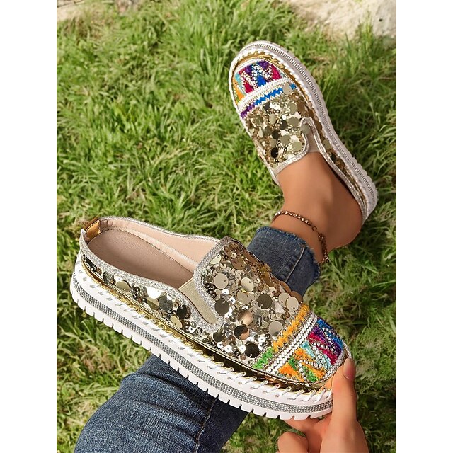 Chic National Totem Sequin Platform Mules: Stylish & Comfortable Faux Leather Sneakers