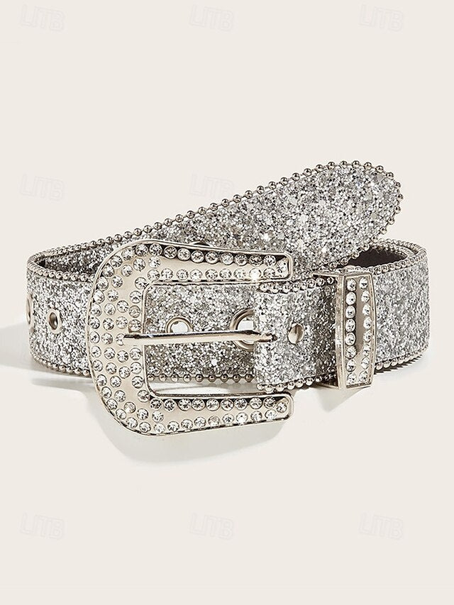 Women's Rhinestone Embellished Western Belt with Sparkling Buckle, Adjustable Silver Black Gold (+$0.34) Silver-Black-Gold (+$0.34)-Pink (+$0.34)-Blue (+$0.34)-