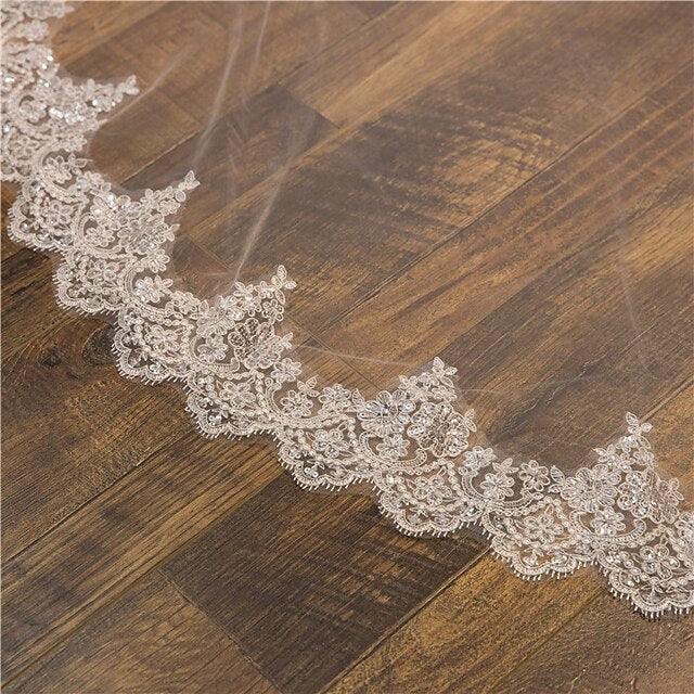 Elegant Two-Tier Lace Wedding Veil with Sequin Embroidery