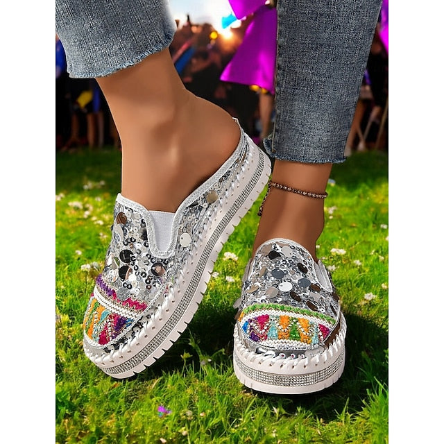 Chic National Totem Sequin Platform Mules: Stylish & Comfortable Faux Leather Sneakers