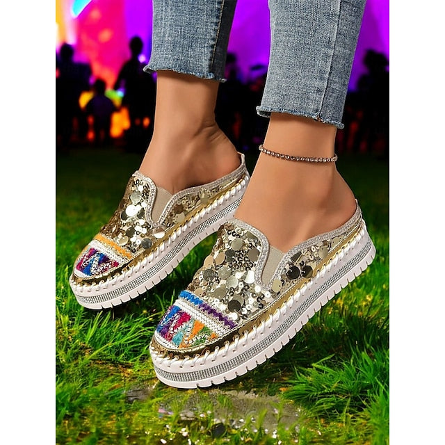 Chic National Totem Sequin Platform Mules: Stylish & Comfortable Faux Leather Sneakers