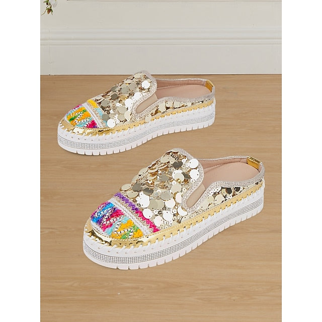 Chic National Totem Sequin Platform Mules: Stylish & Comfortable Faux Leather Sneakers