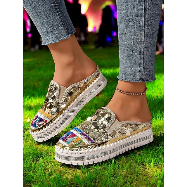 Chic National Totem Sequin Platform Mules: Stylish & Comfortable Faux Leather Sneakers
