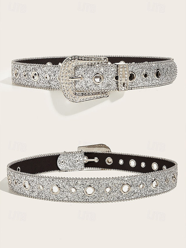 Women's Rhinestone Embellished Western Belt with Sparkling Buckle, Adjustable Silver Black Gold (+$0.34) Silver-Black-Gold (+$0.34)-Pink (+$0.34)-Blue (+$0.34)-