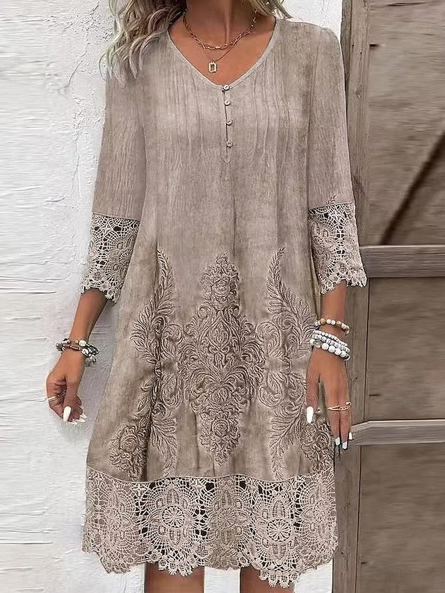 Boho Chic V-Neck Lace Detail Dress - Relaxed Fit Beige Linen Blend for Spring & Autumn Khaki / S Khaki / M Khaki / L Khaki / S-Khaki / M-Khaki / L-Khaki / XL-Khaki / 2XL-