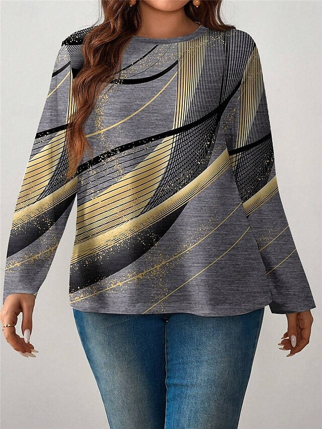 Chic Geometry Print Long Sleeve Tee - Plus Size Casual Top for Fall & Winter Gray / 1XL (Plus) Gray / 2XL (Plus) Gray / 3XL (Plus) Gray / 1XL (Plus)-Gray / 2XL (Plus)-Gray / 3XL (Plus)-Gray / 4XL (Plus)-