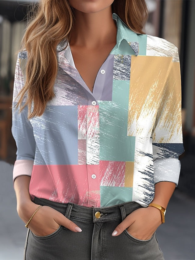 Chic Geometric Tie-Dye Long Sleeve Shirt for Women - Casual Style Blue / S Blue / M Blue / L Blue / S-Blue / M-Blue / L-Blue / XL-Blue / 2XL-