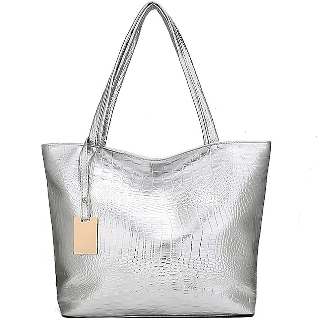 Chic Crocodile Embossed Tote Bag - Versatile PU Fashion in Gold, Black, and Silver Gold Silver Black Gold-Silver-Black-