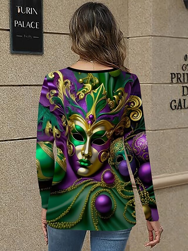 Vibrant Mardi Gras Graphic Long Sleeve V-Neck T-Shirt for Women Purple / S Purple / M