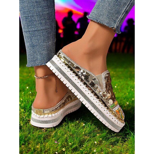 Chic National Totem Sequin Platform Mules: Stylish & Comfortable Faux Leather Sneakers