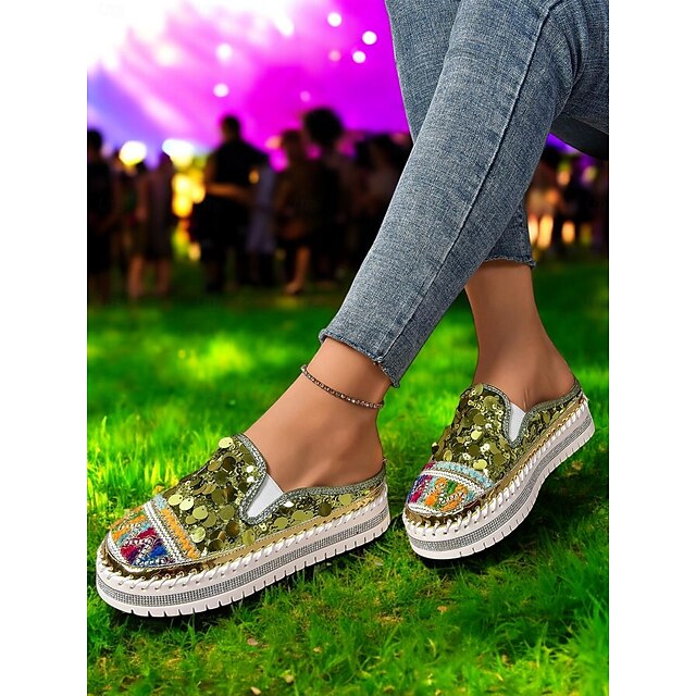 Chic National Totem Sequin Platform Mules: Stylish & Comfortable Faux Leather Sneakers