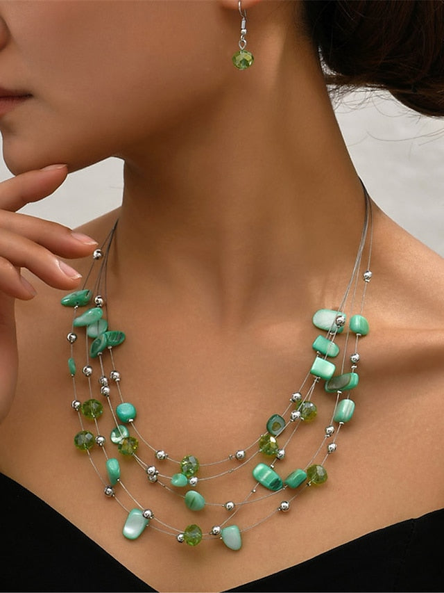 Trendy Geometric Women's Necklace Set - Stylish Green One-Size