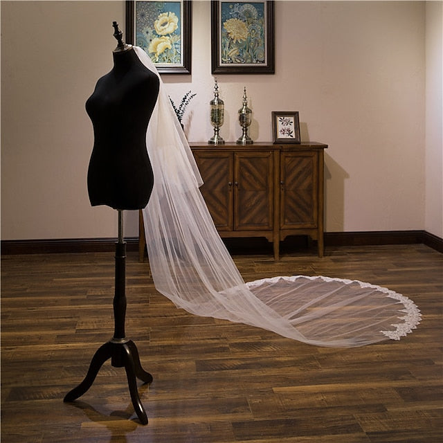Elegant Two-Tier Lace Wedding Veil with Sequin Embroidery