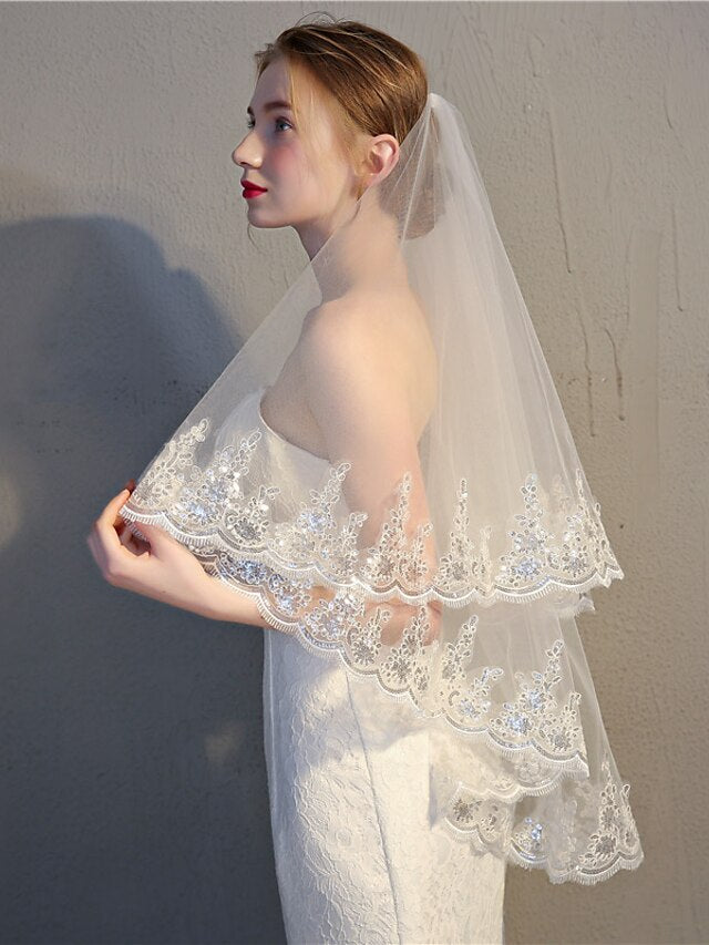 Elegant Two-Tier Lace Applique Wedding Veil - Fingertip Length