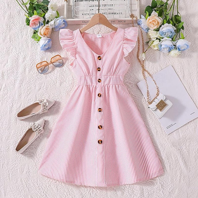 Enchanting 3D Striped Ruffle Dress for Girls – Sweet Summer A-Line Dress for Ages 4-12