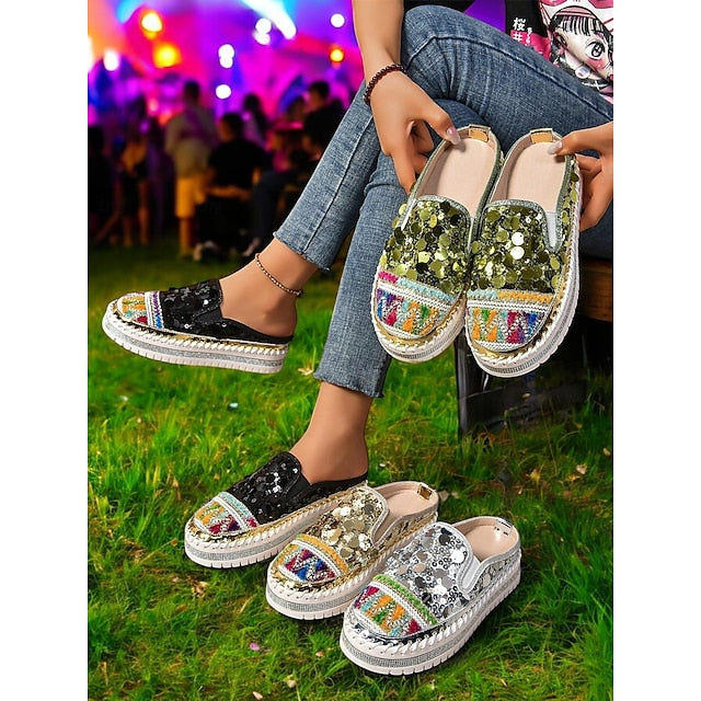 Chic National Totem Sequin Platform Mules: Stylish & Comfortable Faux Leather Sneakers