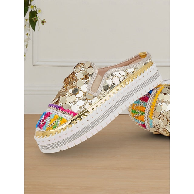 Chic National Totem Sequin Platform Mules: Stylish & Comfortable Faux Leather Sneakers