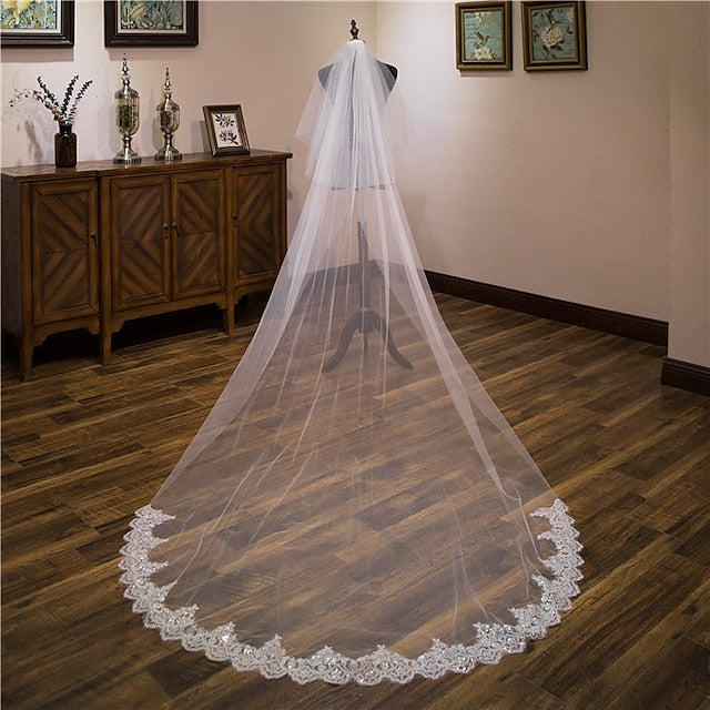 Elegant Two-Tier Lace Wedding Veil with Sequin Embroidery