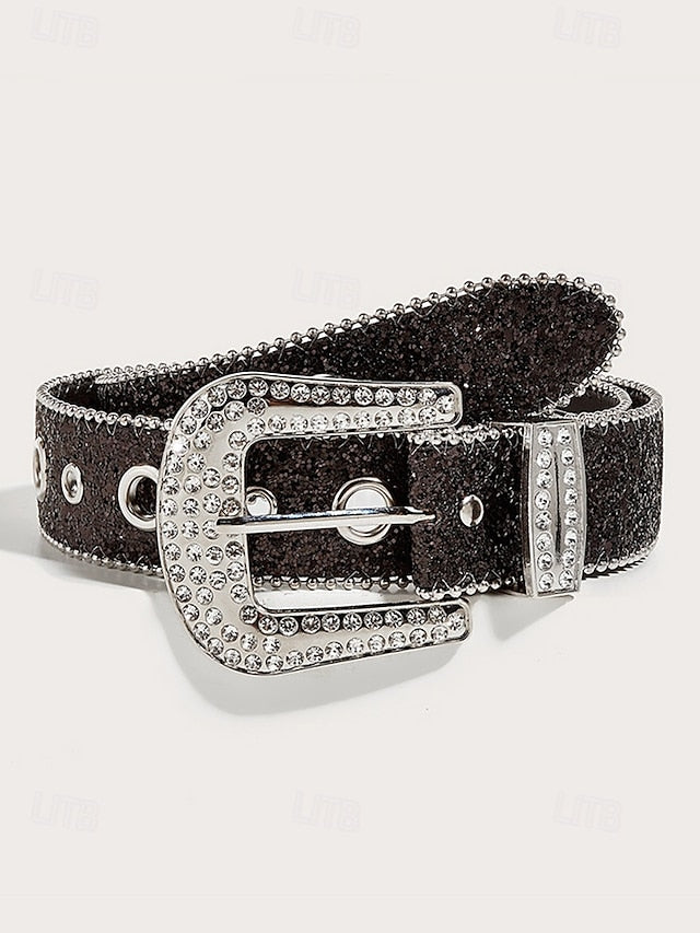Women's Rhinestone Embellished Western Belt with Sparkling Buckle, Adjustable Silver Black Gold (+$0.34) Silver-Black-Gold (+$0.34)-Pink (+$0.34)-Blue (+$0.34)-