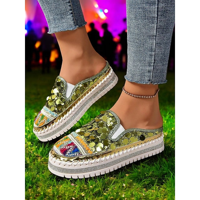 Chic National Totem Sequin Platform Mules: Stylish & Comfortable Faux Leather Sneakers